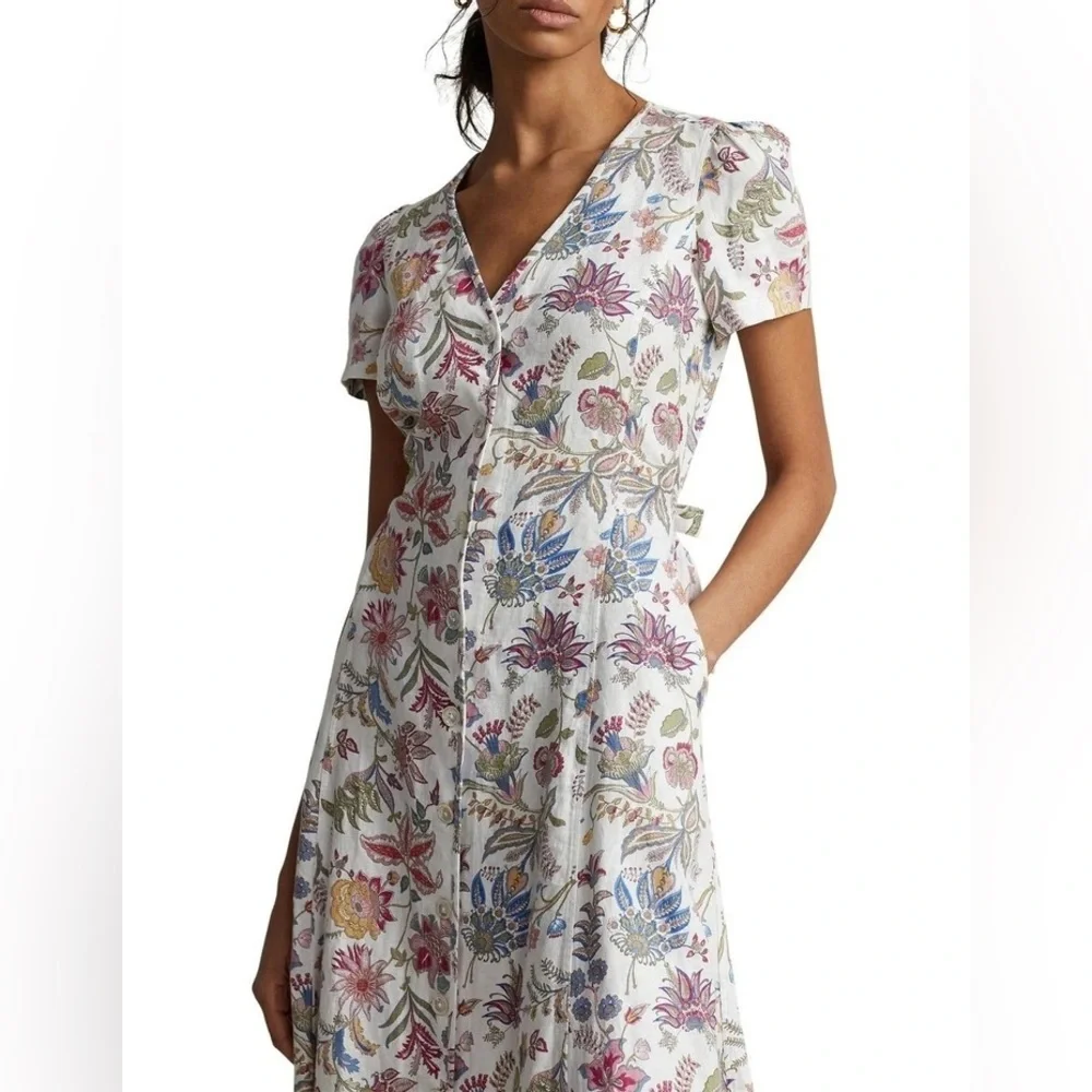 Polo Ralph Lauren Floral 100% Linen V-Neck Midi Dress Pink Elegant 8/M - Picture 7 of 16